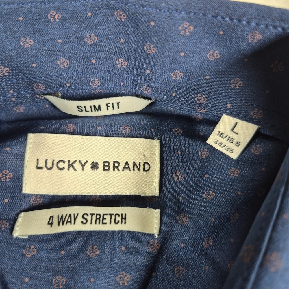 Lucky Brand 4 Way Stretch Button Up Shirt Men's Large Blue Slim Geometric NWT - Picture 6 of 9